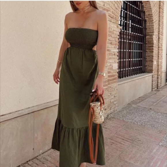 Zara Linen Blend Strapless Smocked Tiered Maxi Dress NWT Olive Green Size M - Picture 1 of 9